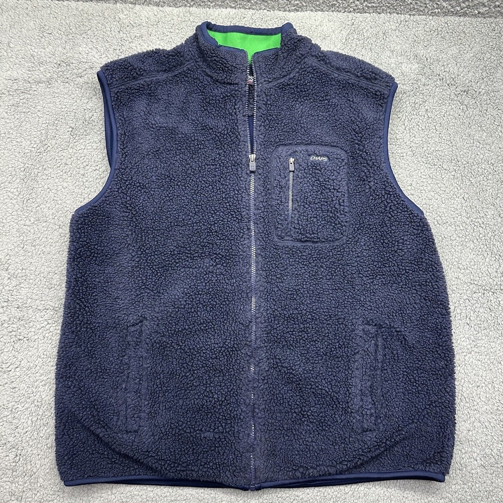 Ralph Lauren‎ Chaps Sport Mens XL Blue Fleece Full-Zip Vest Deep Pile Sweater